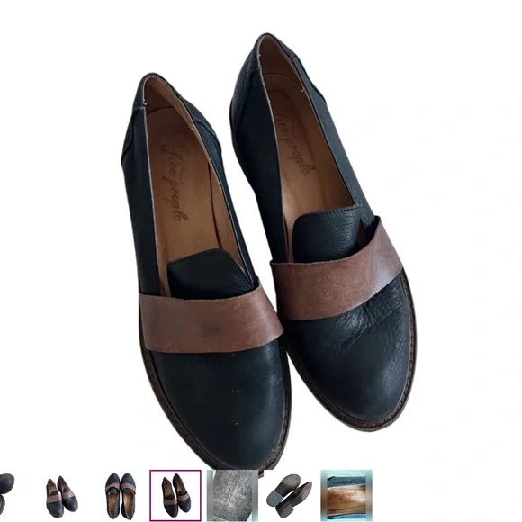 Free People Penny Loafers Genuine leather block heels black brown shoes 38 8 - Picture 4 of 7